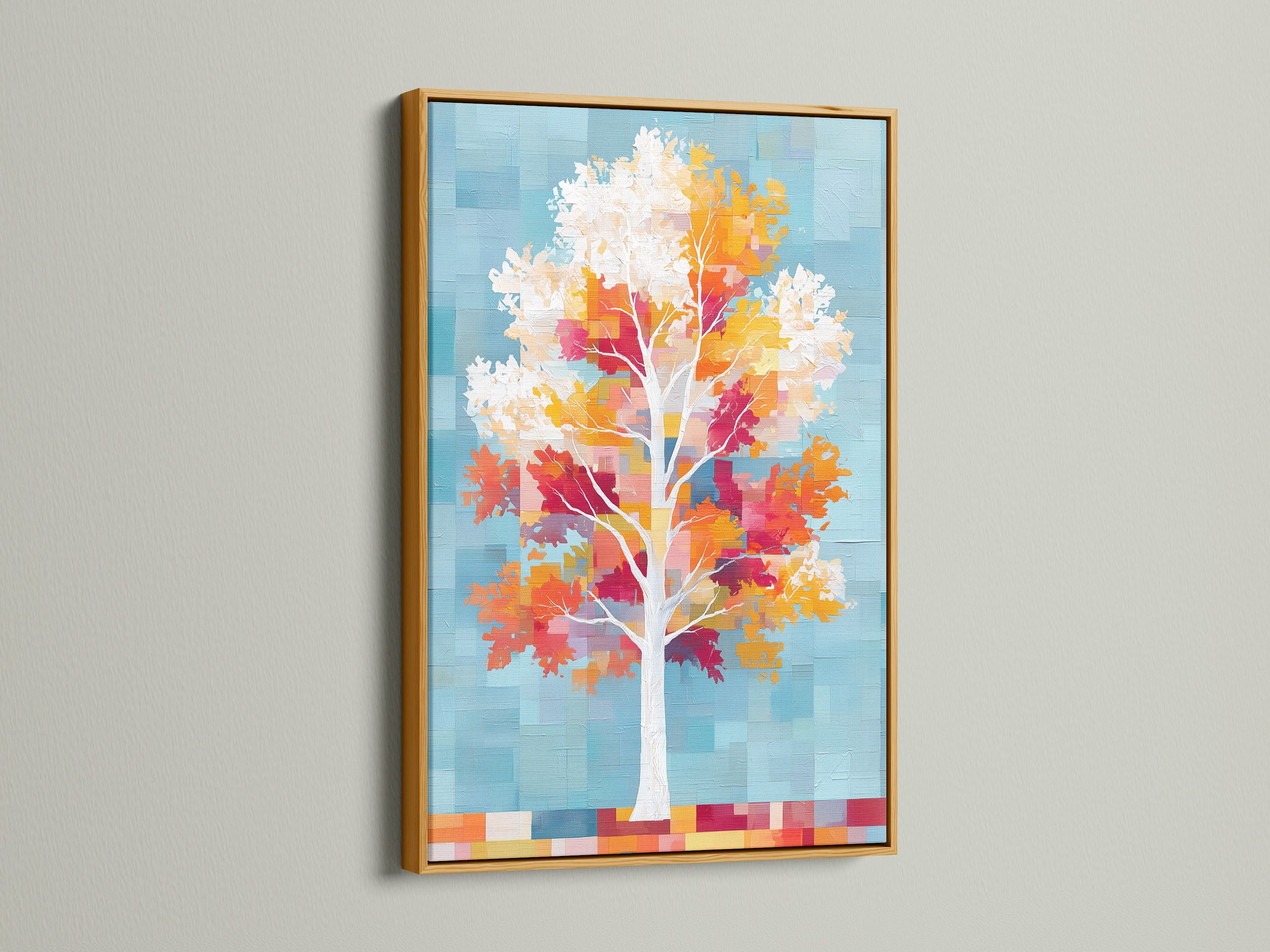 The gold frame accentuates the autumn leaves canvas. The colorful tree art print is visually appealing. This pixelated nature artwork adds elegance to any space. This is perfect for homeowners looking to elevate their bedroom wall decor with a vibrant art piece.