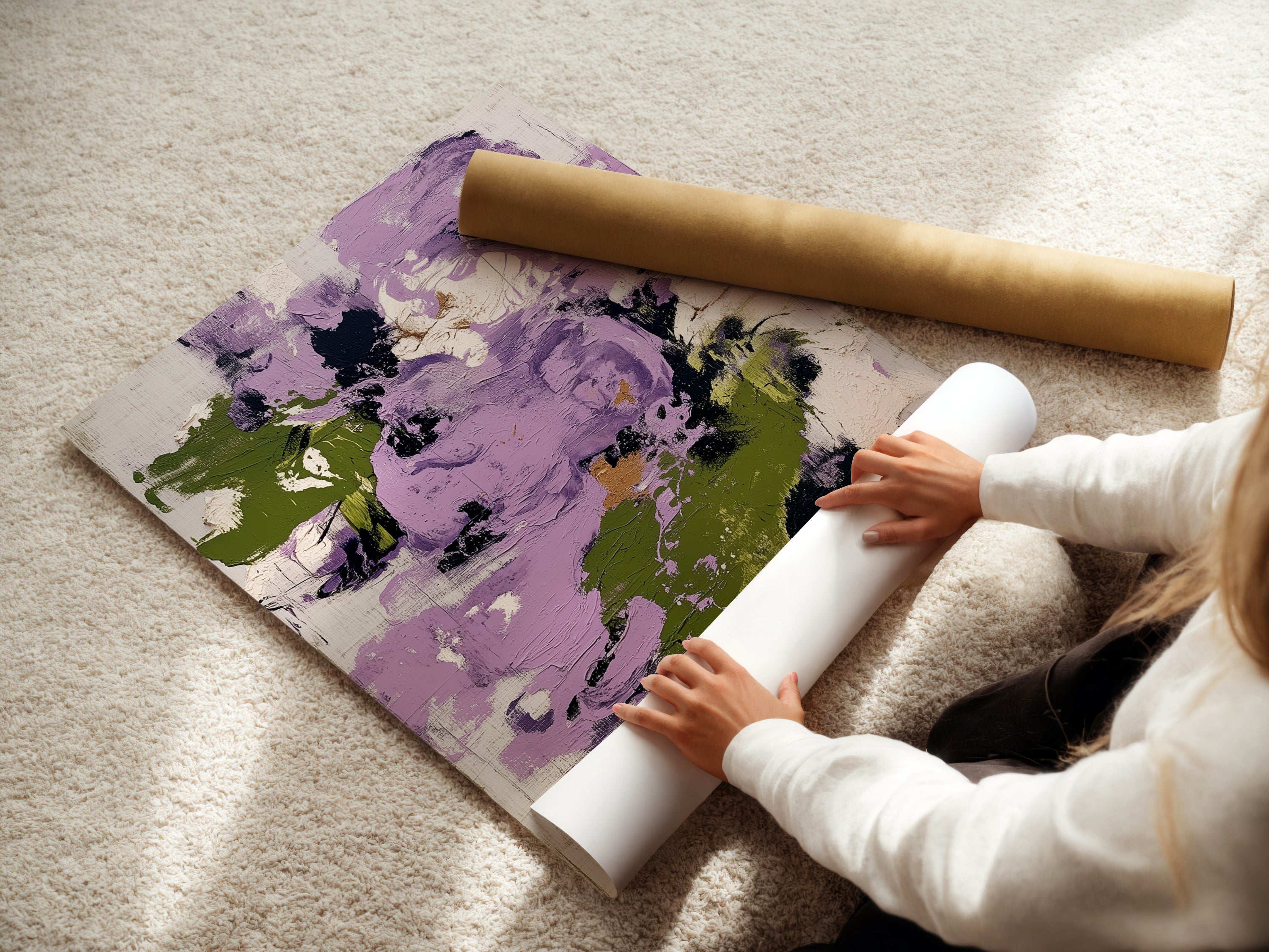 A woman is carefully rolling a fine art poster paper. The paper features an abstract floral artwork with purple and green tones. This high-quality print is perfect for creating stunning wall decor. Its vibrant colors and contemporary design enhance any space.
