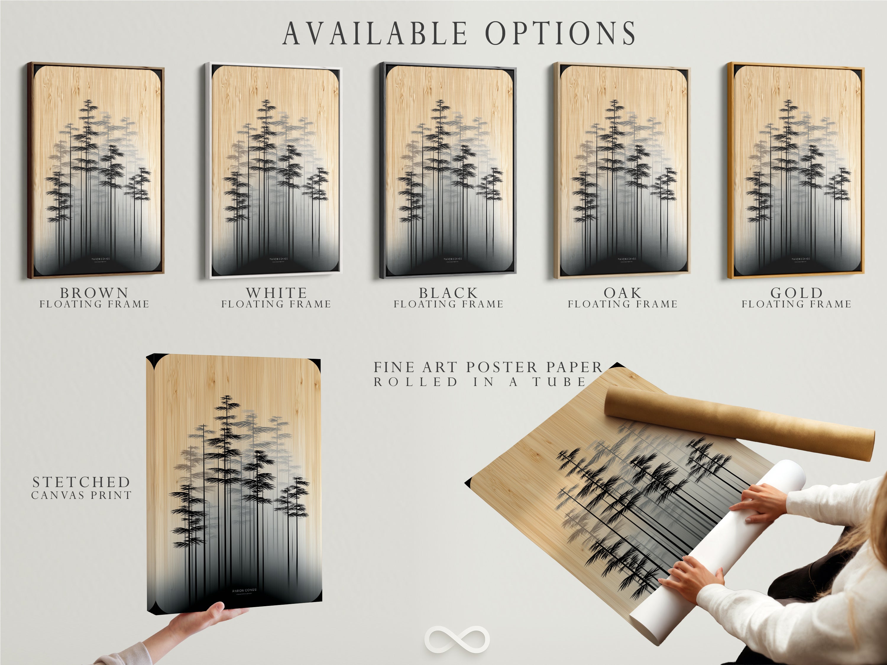 Available options for this minimalist forest art are displayed. Choose between a stretched canvas print. Consider fine art poster paper or a floating frame. Customize your Scandinavian wall decor. The neutral tone canvas suits any style.