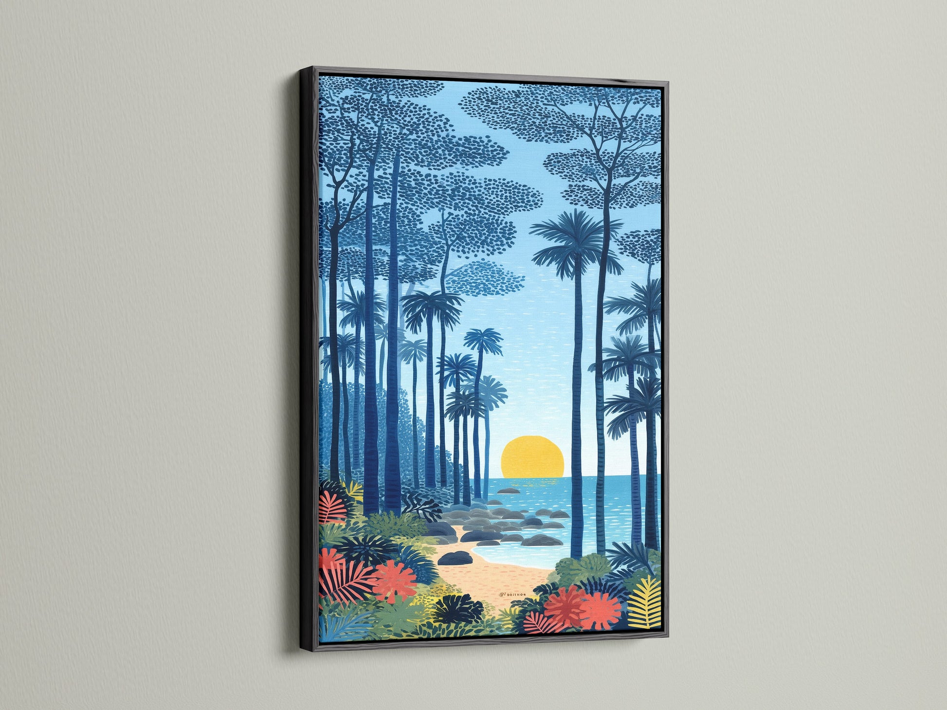 This stunning tropical beach artwork is presented in a black frame. The coastal artwork features a beautiful seascape print. The indigo blue hues and sunset art create a tranquil atmosphere. This piece is perfect for beach house decor and vacation home art. A great choice for living rooms and sunrooms.