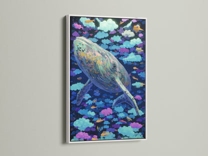 A white frame enhances the beauty of the Whale Canvas Print. This dreamy print features surreal sky wall art. It's perfect for kids room decor. Add a touch of fantasy with this sea life artwork.