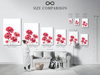 A size comparison chart is displayed in an interior setting. The chart shows available sizes for the red floral canvas print. Helping customers visualize the perfect fit for their space. Find the ideal flower wall art.