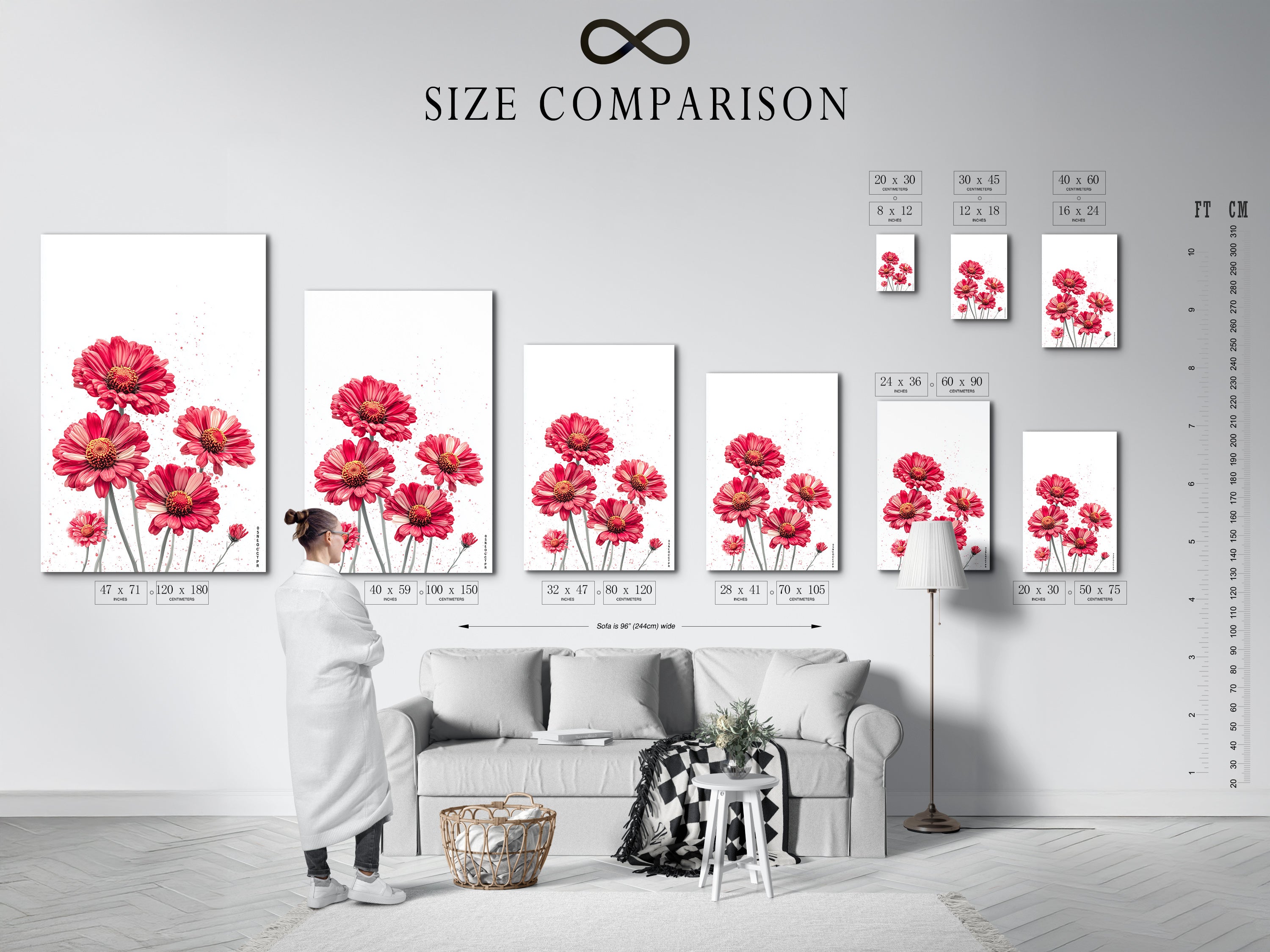 A size comparison chart is displayed in an interior setting. The chart shows available sizes for the red floral canvas print. Helping customers visualize the perfect fit for their space. Find the ideal flower wall art.