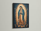 Our Lady of Guadalupe artwork is elegantly presented in a black frame. This Madonna wall art adds a classic touch to any space. It is perfect as Catholic home art or religious decor. Enhance your altar wall with this sacred art print.