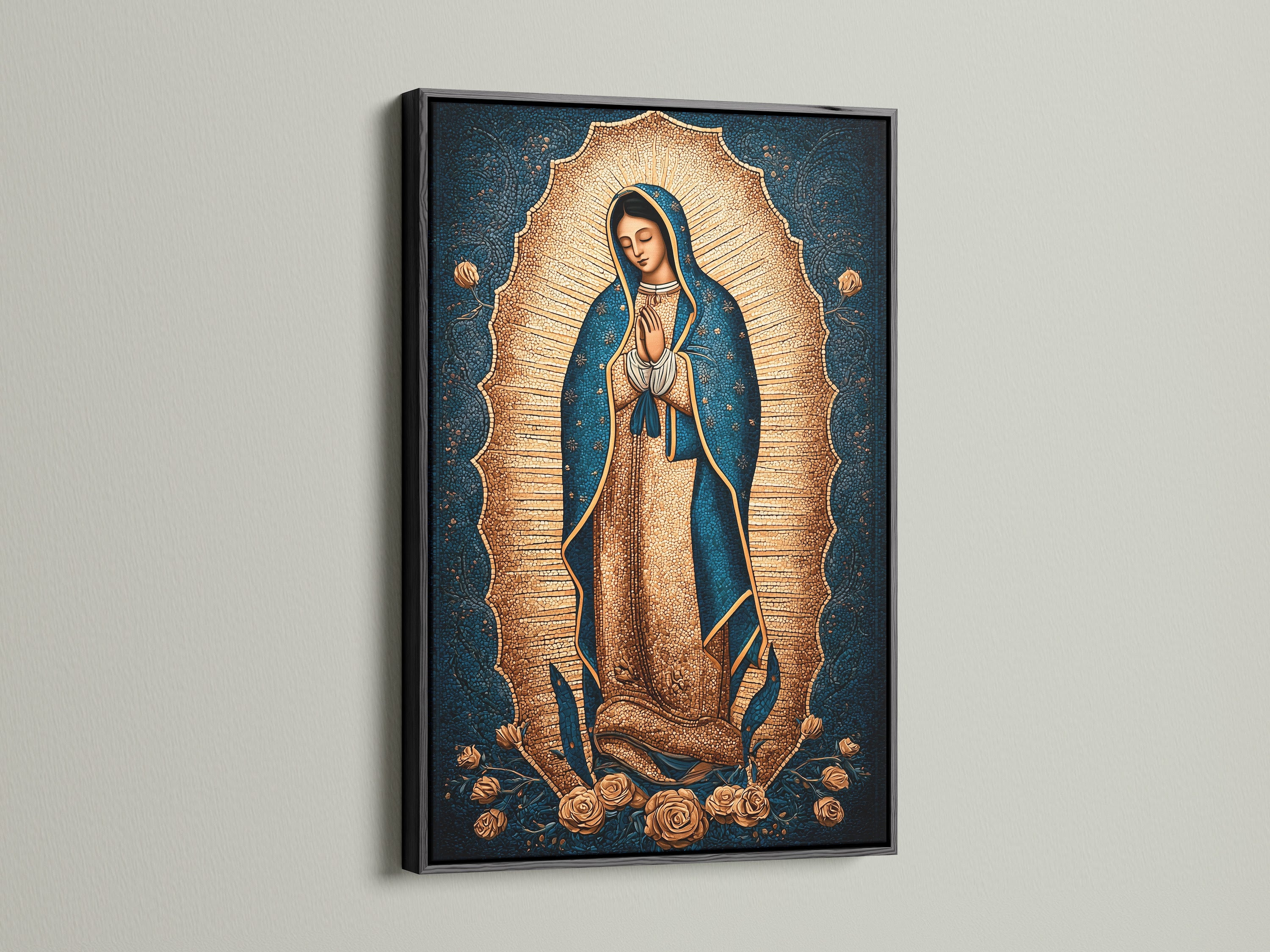 Our Lady of Guadalupe artwork is elegantly presented in a black frame. This Madonna wall art adds a classic touch to any space. It is perfect as Catholic home art or religious decor. Enhance your altar wall with this sacred art print.