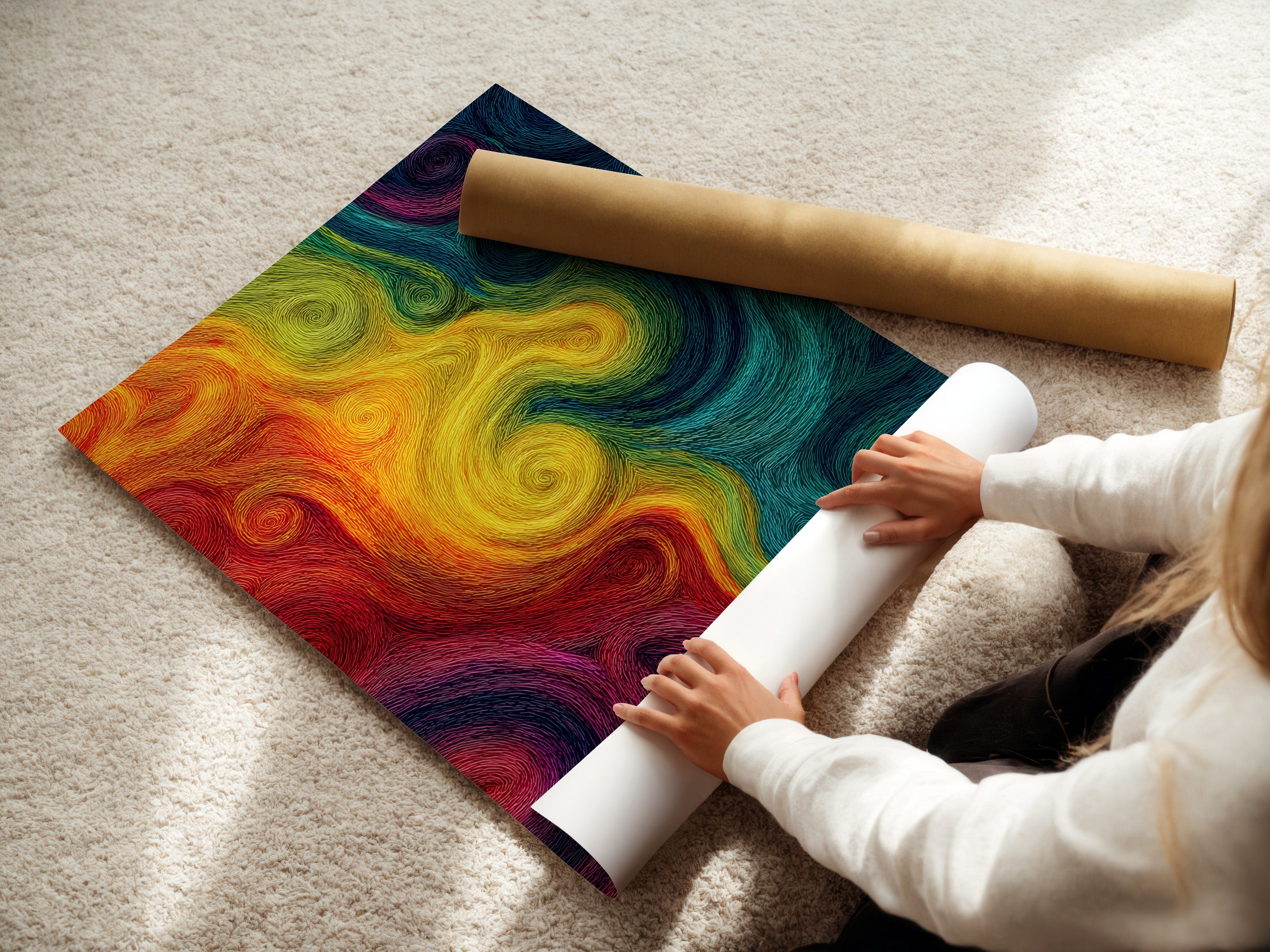 A woman is carefully rolling a fine art poster paper. The paper displays an abstract swirl artwork. Ideal for creating stunning wall decor this vibrant print adds a modern touch. Perfect for art enthusiasts and interior decorators.