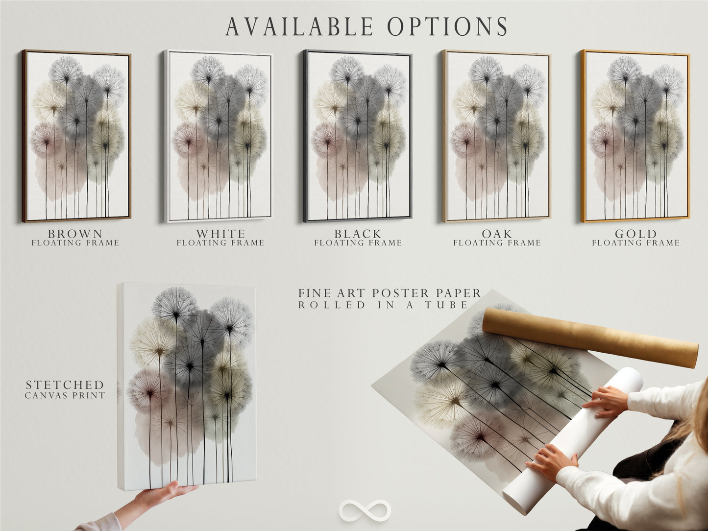Explore available options for your dandelion artwork. Choose between a stretched canvas print fine art poster paper or a floating frame. Customize your modern floral poster to suit your style. Create the perfect neutral wall art for your home. Enjoy minimalist art your way.