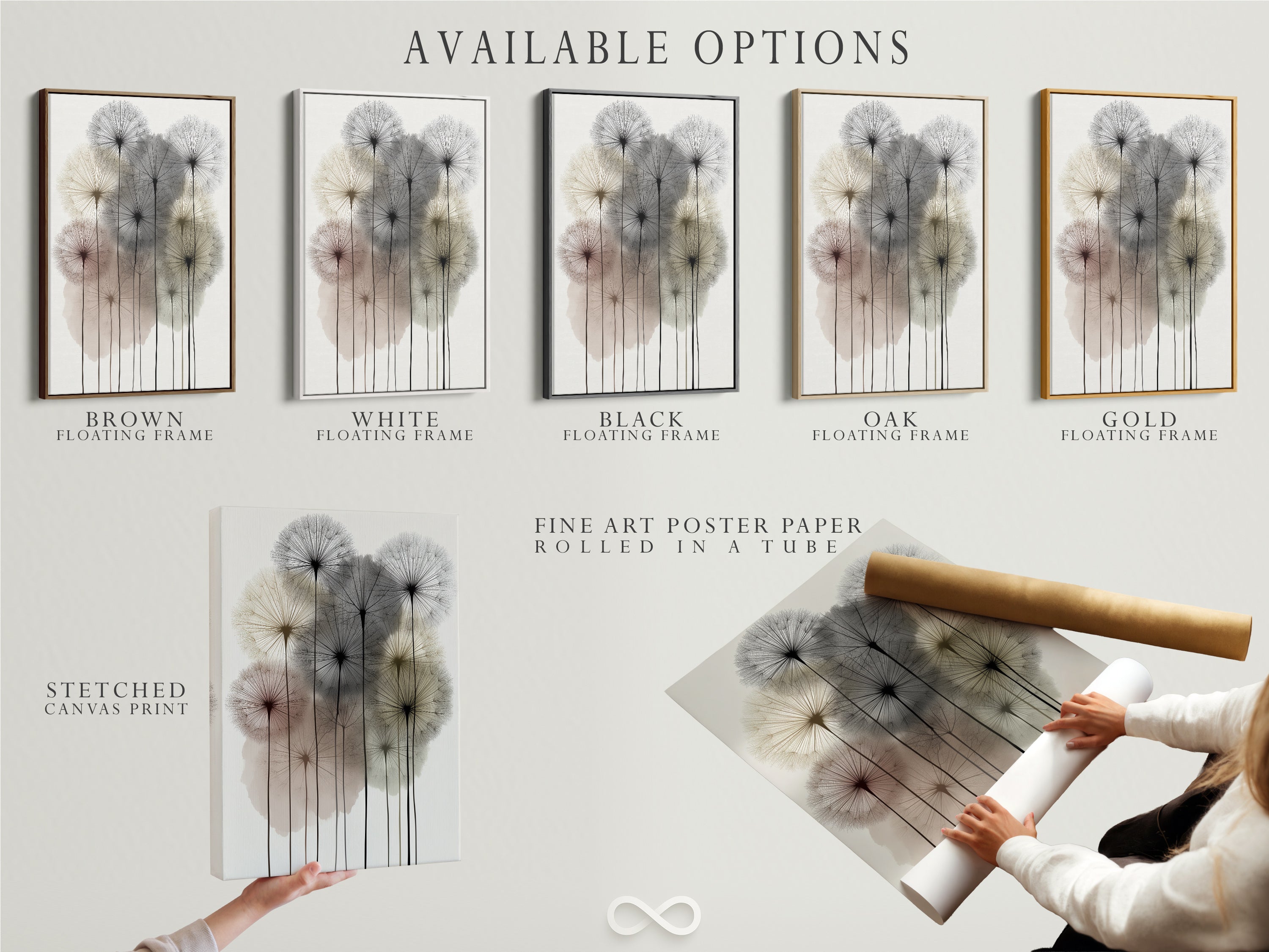 Explore available options for your dandelion artwork. Choose between a stretched canvas print fine art poster paper or a floating frame. Customize your modern floral poster to suit your style. Create the perfect neutral wall art for your home. Enjoy minimalist art your way.