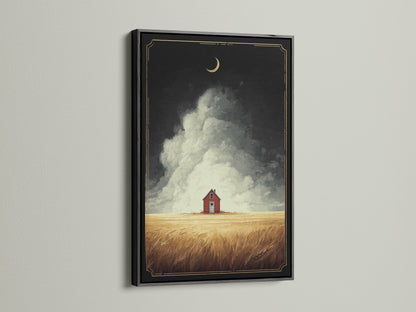 The black frame adds a touch of sophistication to the farmhouse art. The red barn and golden field create a striking contrast. Perfect for making a statement in any room. Elevate your wall decor with this timeless piece of landscape artwork. It is ideal for coffee shops and boutiques.
