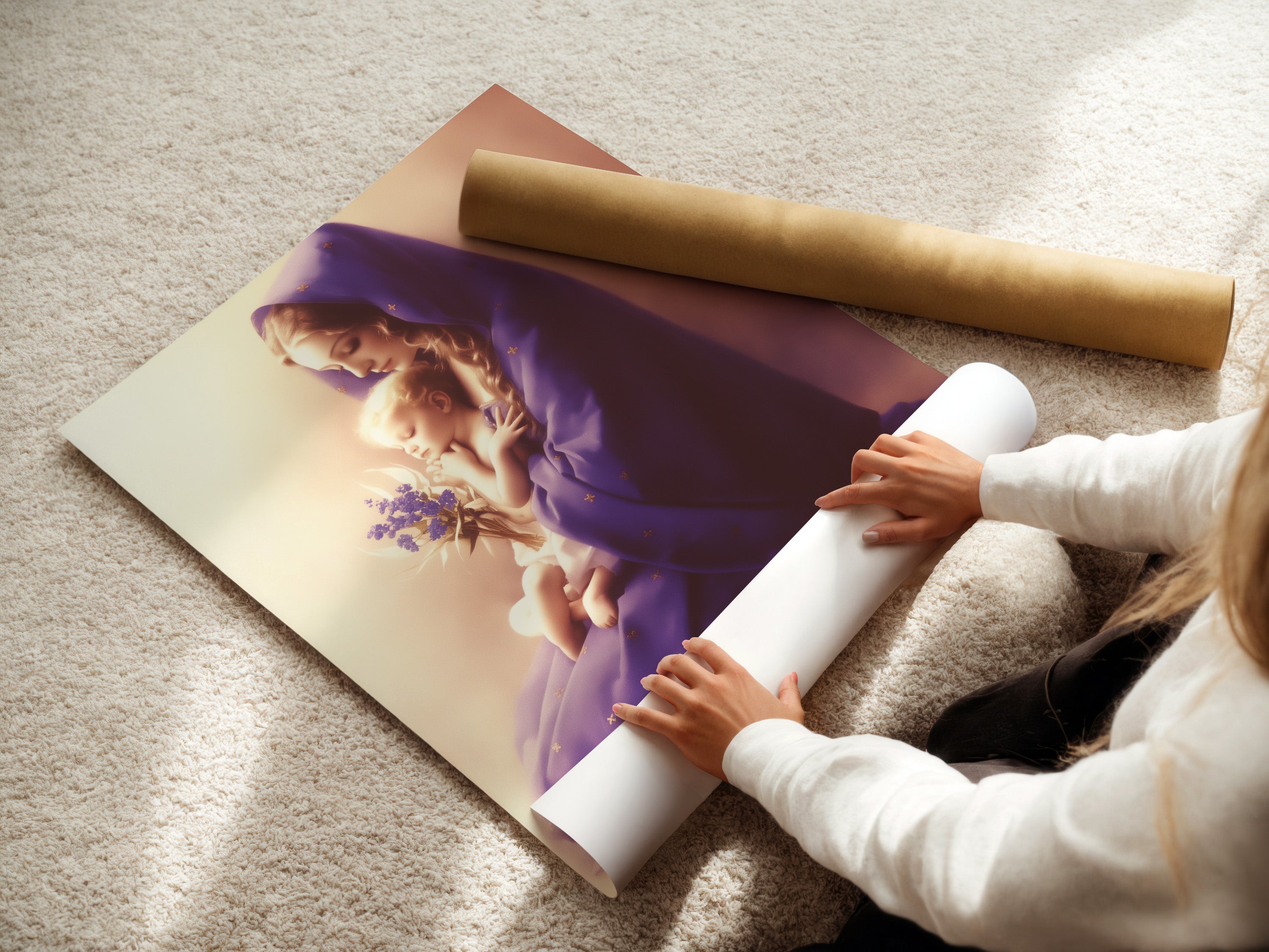 Woman carefully rolling a fine art poster paper. Preparing a Madonna and Baby print for framing. This religious artwork is perfect for nursery decor. The purple hues add a spiritual touch to this maternal love art.