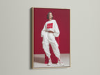 Streetwear Fashion Art Print in an oak frame. The modern urban style artwork features a contemporary red and white poster. This fashion wall art is ideal for teen room art and boutique wall art. Add an urban style print to your space.