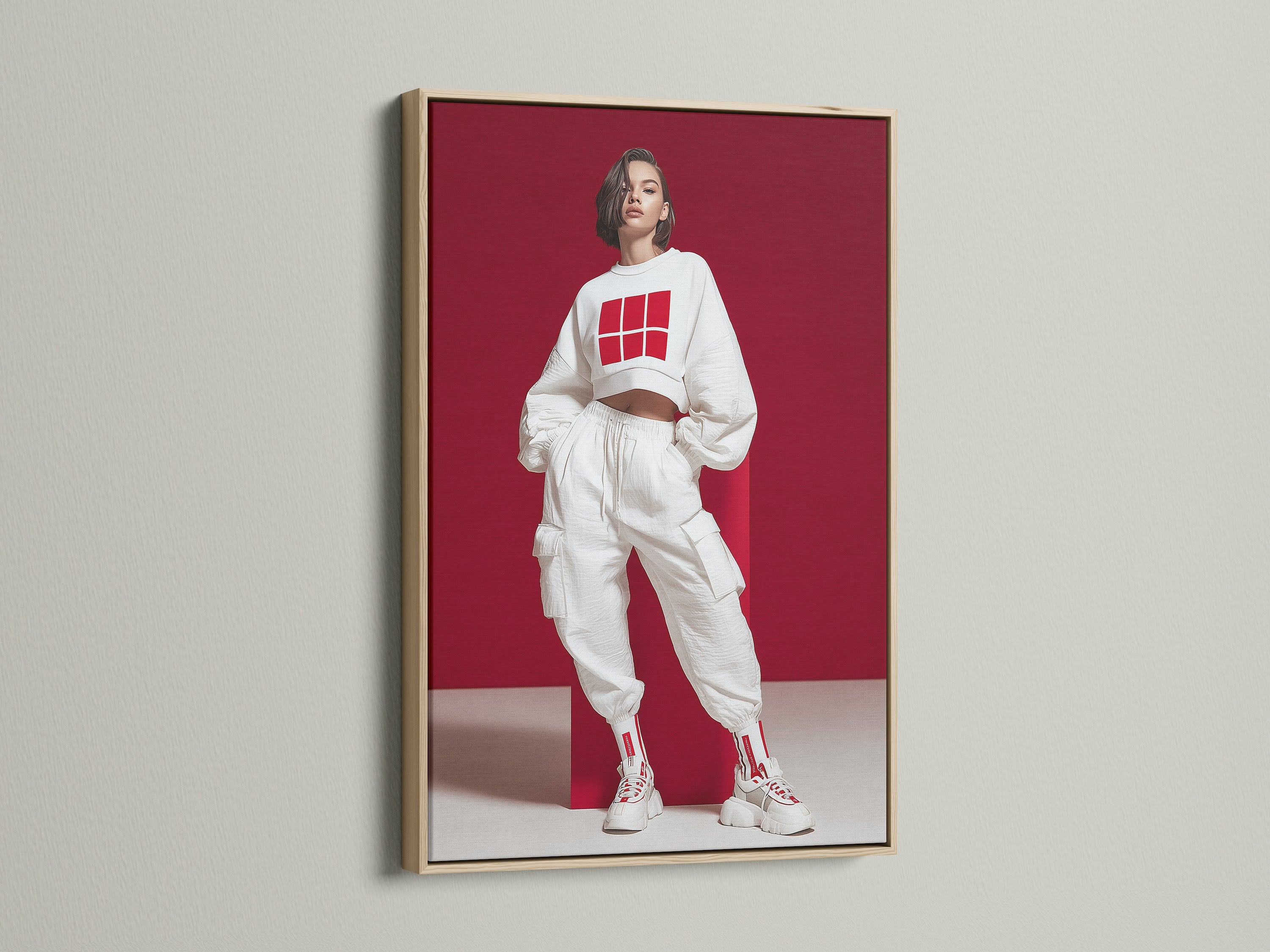 Streetwear Fashion Art Print in an oak frame. The modern urban style artwork features a contemporary red and white poster. This fashion wall art is ideal for teen room art and boutique wall art. Add an urban style print to your space.