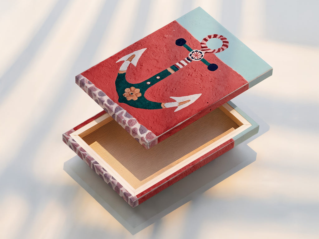 Stretched canvas print showcases the anchor artwork in vibrant colors. This nautical wall art is perfect for coastal decor. The red and teal art enhances any space. Ideal for vacation homes and seaside decor. Bring the beach home with this ocean canvas. A beautiful nautical print.