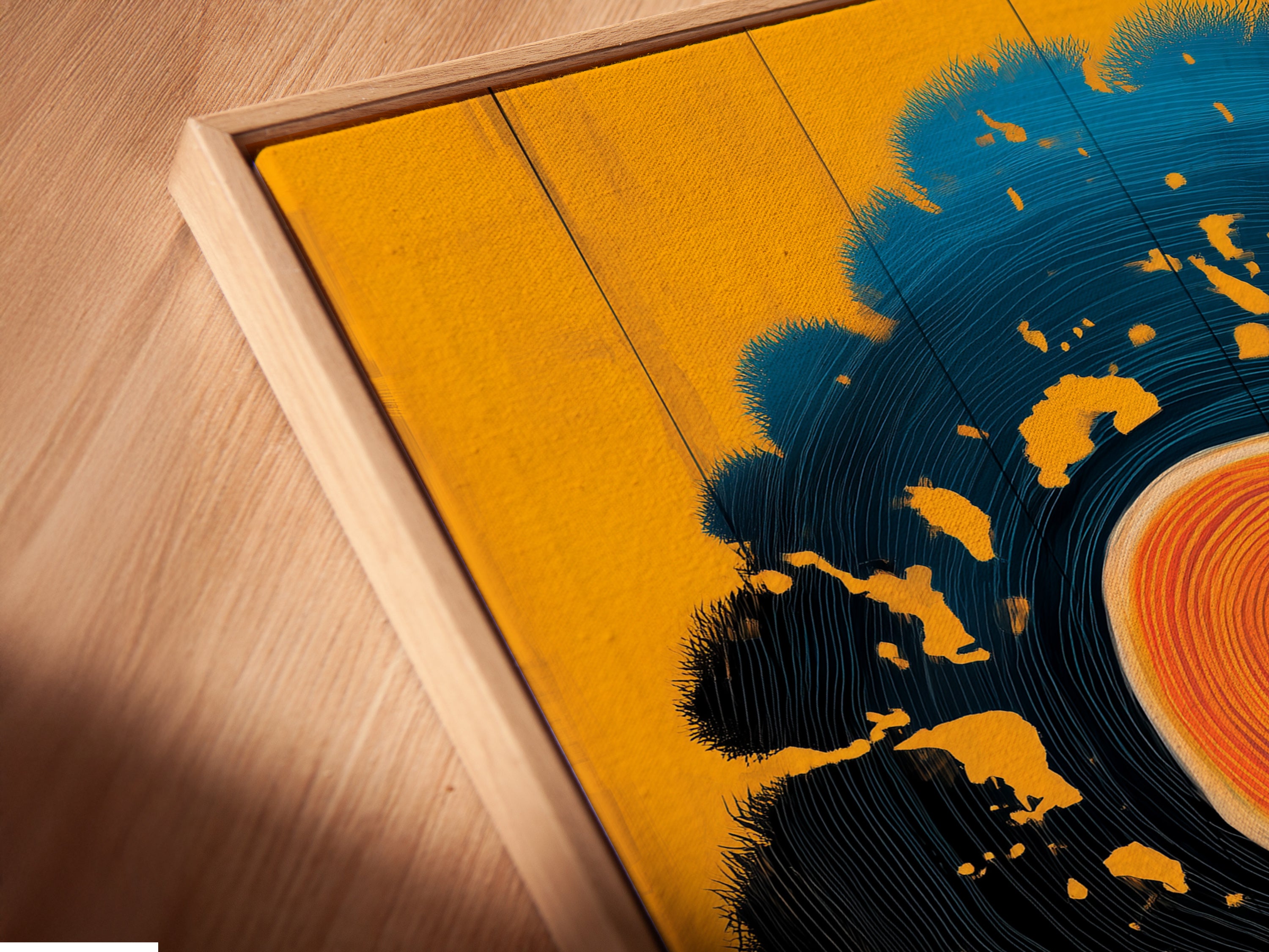 Close-up of a Tree of Life canvas print in a floating frame. The floating frame gives the artwork a sophisticated look. The abstract sun wall art is showcased in detail. This modern canvas art adds depth to any wall.
