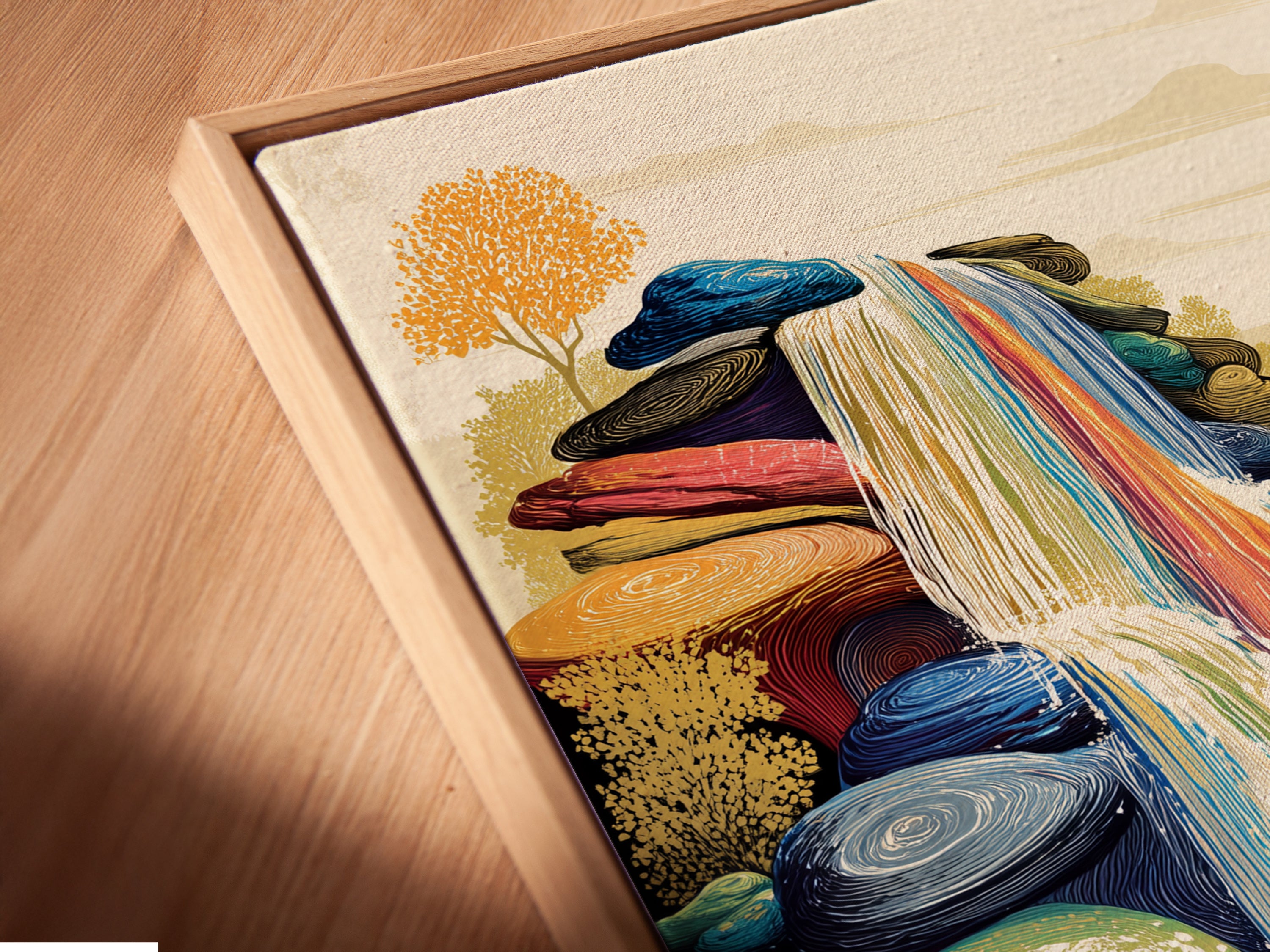 Close-up of a canvas print in a floating frame. This colorful waterfall artwork enhances interiors. The frame adds depth to this abstract nature art. This vibrant wall art is ready to hang and enjoy.