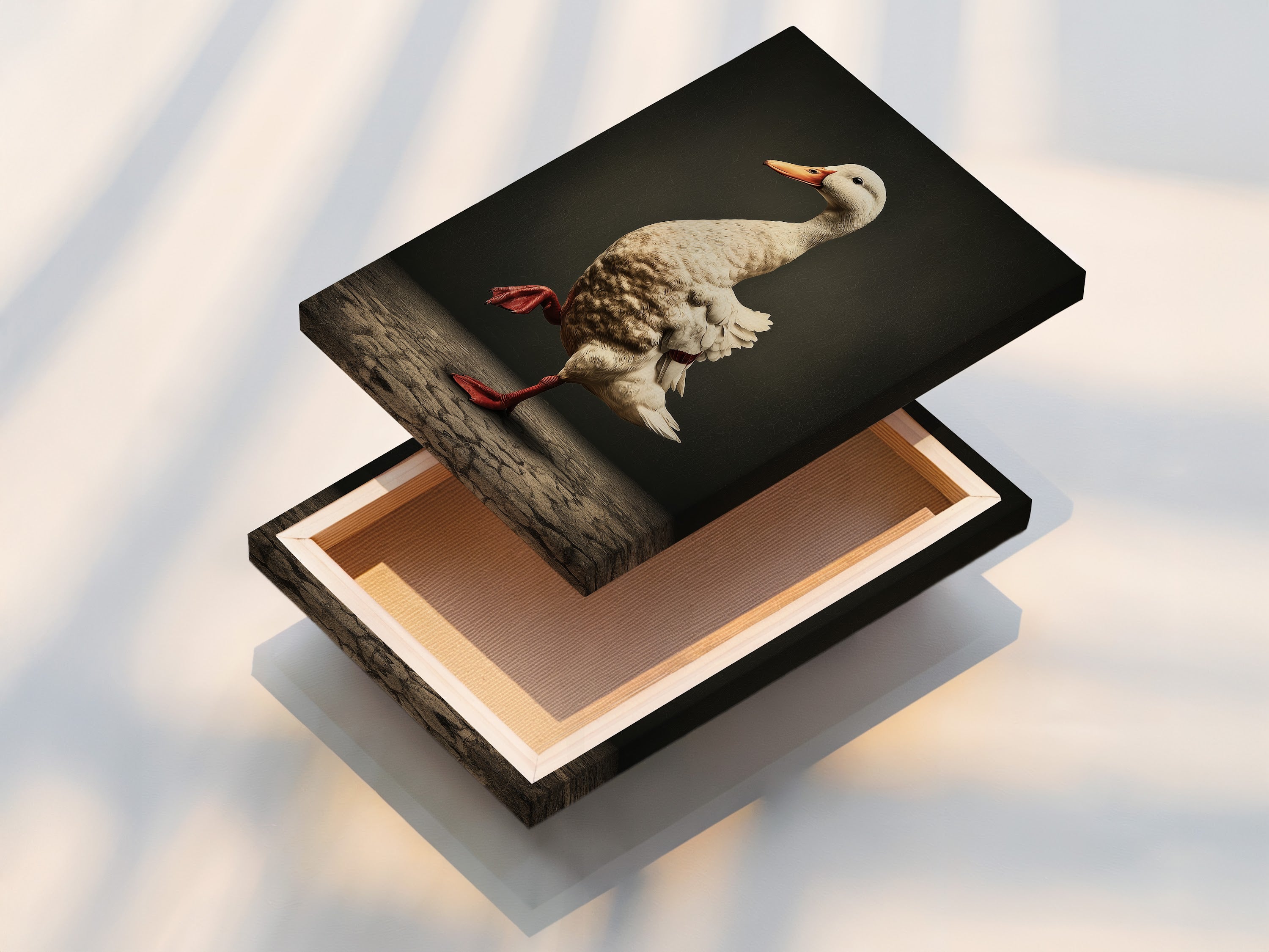 A stretched canvas print of a Vintage Duck Canvas Artwork. This stretched canvas features a duck wearing red boots. Perfect for farmhouse wall art. Adds a touch of country charm. It is ideal for kitchen wall decor.