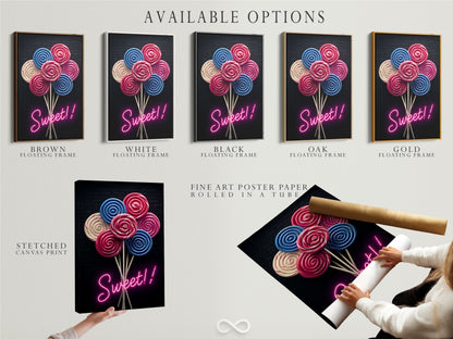 Available options for the Lollipop Candy Artwork are displayed. Choose from a stretched canvas print. Select fine art poster paper. Consider a floating frame. All options allow you to customize your sweet treats art. Perfect for any space.