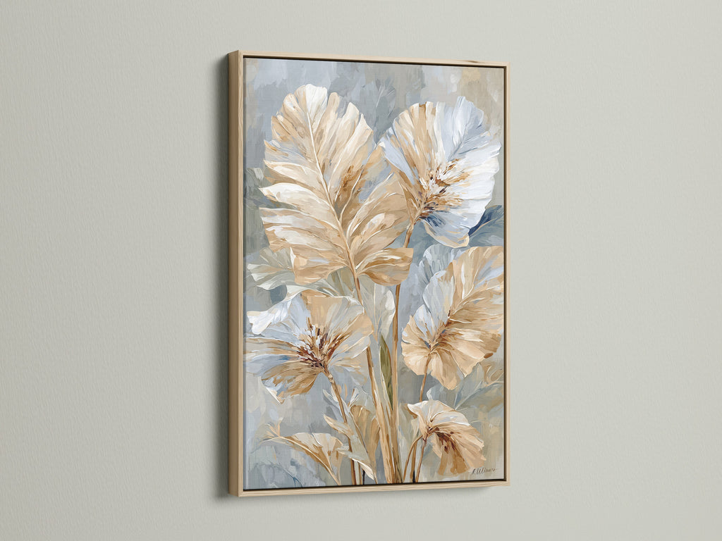 Beige and blue neutral floral artwork in an oak frame. The art is modern botanical. It would look great in minimalist Scandinavian or contemporary spaces. This art is perfect for living rooms bedrooms offices studios lobbies clinics and waiting rooms.