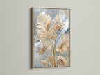 Beige and blue neutral floral artwork in an oak frame. The art is modern botanical. It would look great in minimalist Scandinavian or contemporary spaces. This art is perfect for living rooms bedrooms offices studios lobbies clinics and waiting rooms.