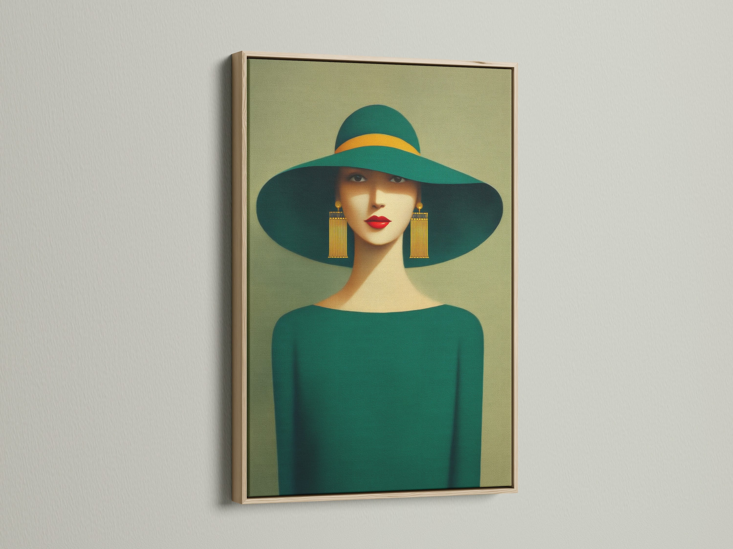 Elegant woman portrait artwork with an emerald green hat and gold earrings is displayed. The artwork is framed with an oak frame. This vintage fashion art enhances living rooms bedrooms boutiques salons and fashionable workspaces.