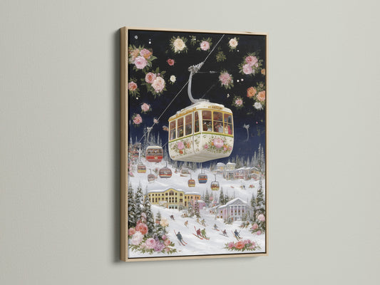 Ski resort canvas artwork with an oak frame. This vintage floral alpine wall art features a gondola print winter landscape. Ideal ski lodge decor for minimalist rustic or eclectic aesthetics. Elevate your living room wall with this alpine decor.