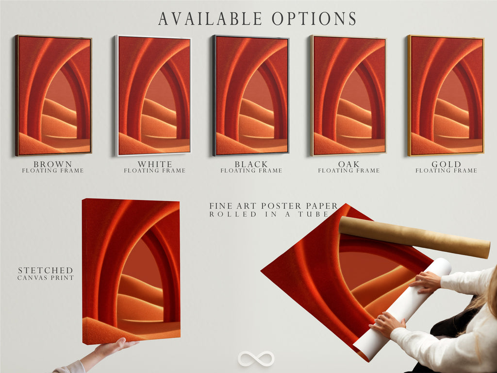 Available options include a stretched canvas print a fine art poster paper and a floating frame. All featuring abstract terracotta art. Choose the perfect format for your modern minimalist bedroom wall decor. Enhance your space with contemporary artwork. These options cater to diverse preferences.