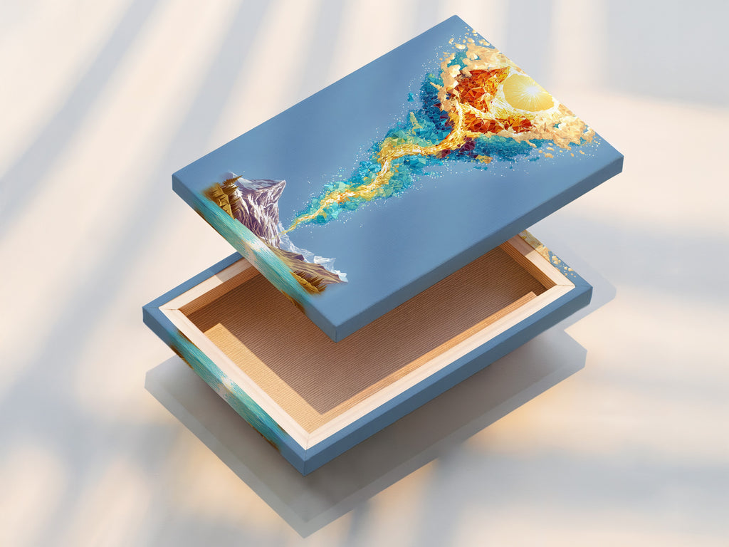 A stretched canvas print featuring fire water element art. The abstract spiritual artwork is ready to hang. Ideal for modern spaces. This canvas print will enhance any living room or bedroom wall.