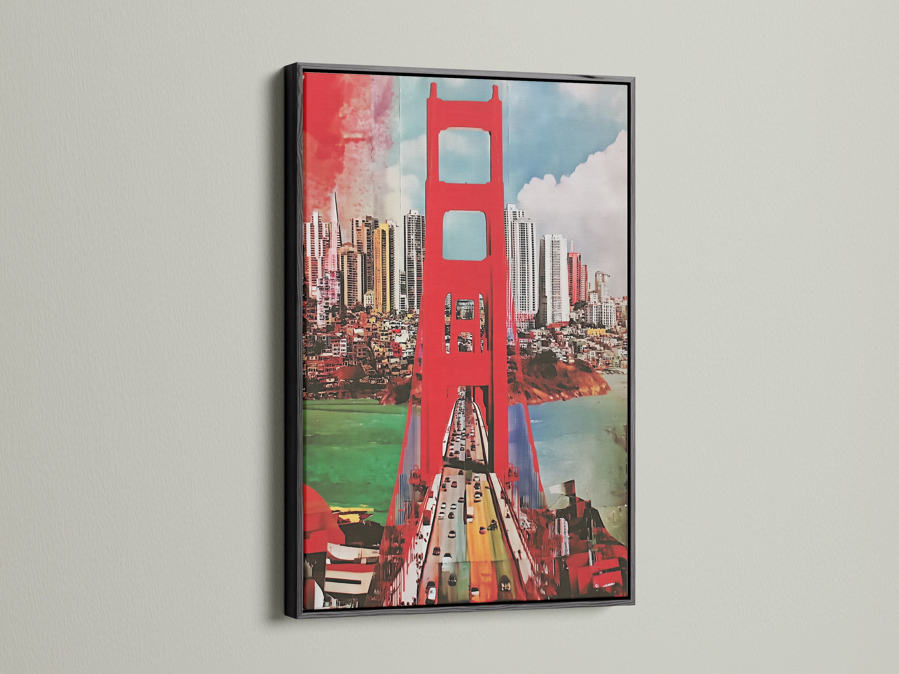 This Golden Gate Bridge artwork is in a black frame. The black frame provides a bold striking contrast. This frame highlights the San Francisco cityscape art. Great for creating a focal point in any room. It can also add urban sophistication.