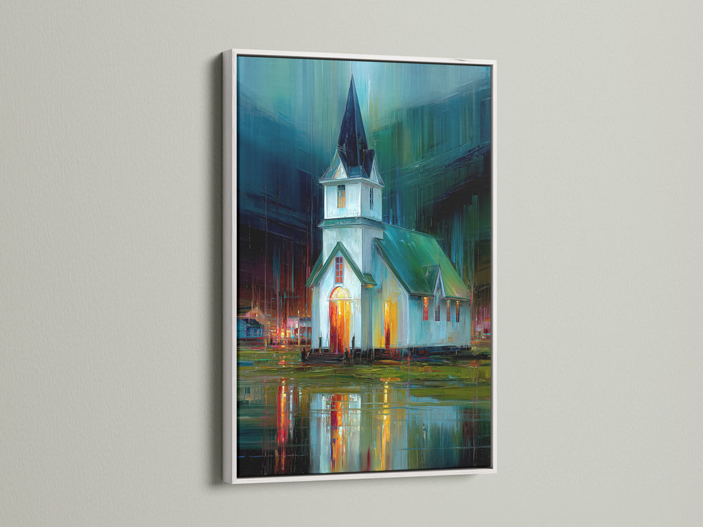 Church at Night Canvas Print with a white frame. This fine art piece brings a modern touch to any room. The white frame highlights the teal and orange hues of the impressionist art. Perfect for homeowners renters and interior designers seeking elevated artwork. Enhance your office decor with this religious artwork.