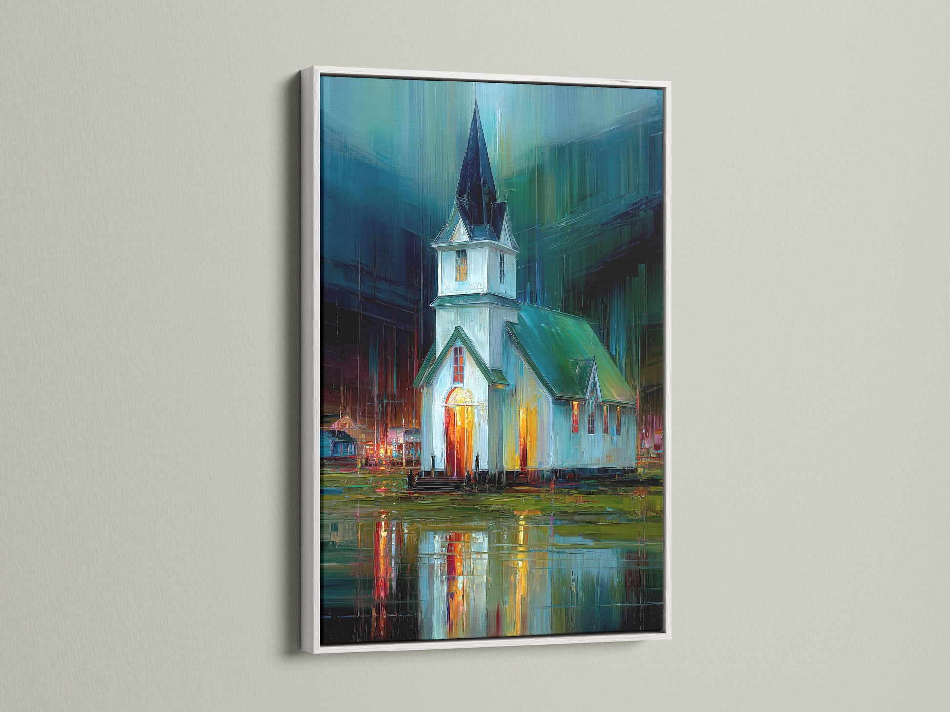 Church at Night Canvas Print with a white frame. This fine art piece brings a modern touch to any room. The white frame highlights the teal and orange hues of the impressionist art. Perfect for homeowners renters and interior designers seeking elevated artwork. Enhance your office decor with this religious artwork.
