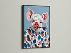 A striking pig art canvas print is displayed in a black frame. The artwork features a colorful farm animal with a cigar. This quirky home decor piece adds a bold statement to any room. Ideal for those seeking unique and whimsical art. It's a perfect blend of humor and artistic expression.