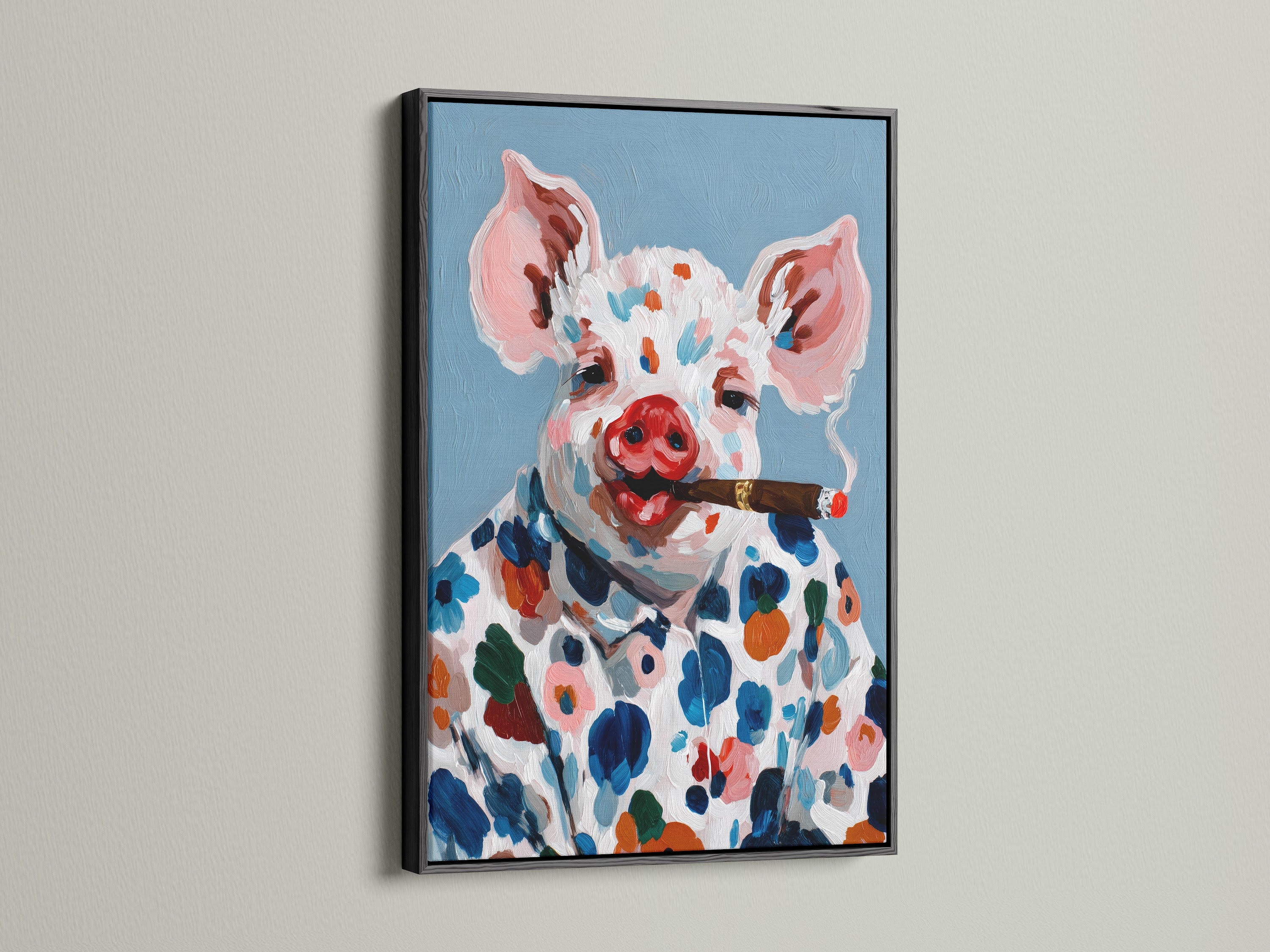 A striking pig art canvas print is displayed in a black frame. The artwork features a colorful farm animal with a cigar. This quirky home decor piece adds a bold statement to any room. Ideal for those seeking unique and whimsical art. It's a perfect blend of humor and artistic expression.