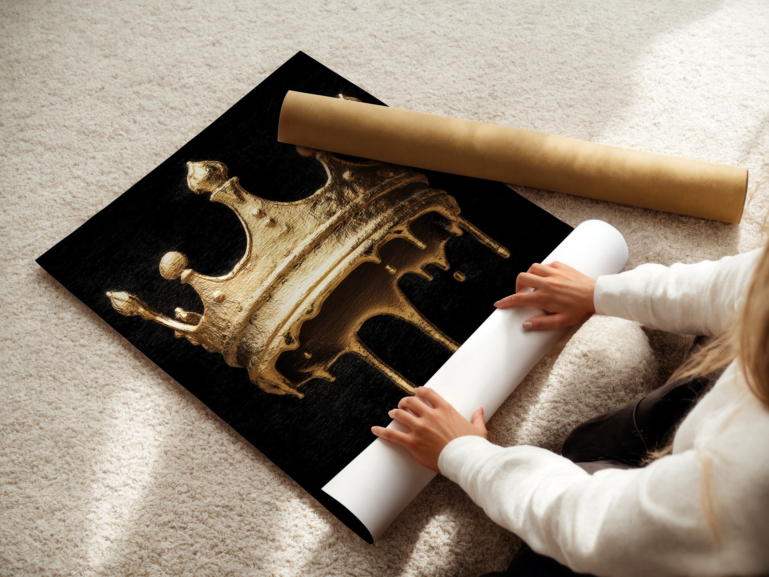 A woman is carefully rolling a fine art poster paper. The paper features the Melting Crown artwork. This gothic wall art is perfect for adding a touch of luxury to any room. Explore our dark art prints.