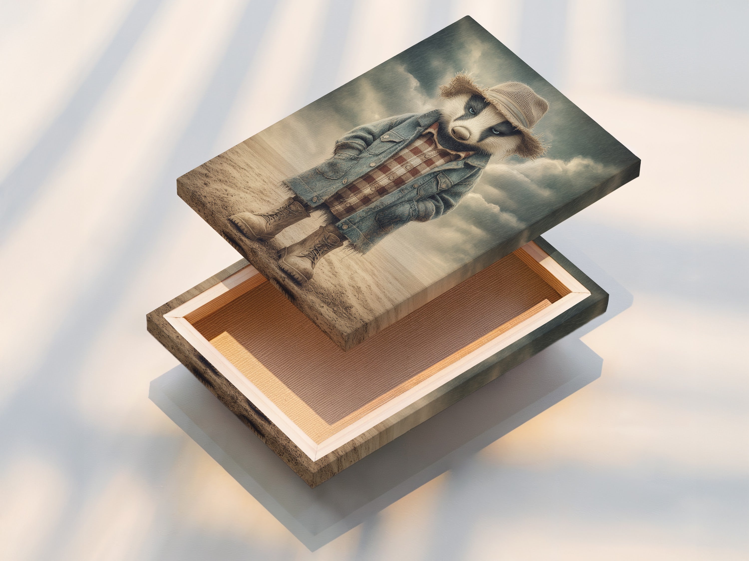 This is a stretched canvas print featuring the Badger Cowboy artwork. The canvas is ready to hang and perfect for any wall. The vintage farmhouse style adds character to your home. This western animal artwork is ideal for a kids room or nursery. It is a great choice for rustic decor.