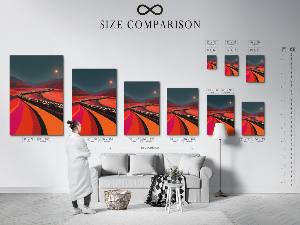 Size comparison chart of the Train Journey artwork in an interior setting. See how this retro railroad print fits your space. Visualize the impact of this earth tone decor. Train canvas art for any room.