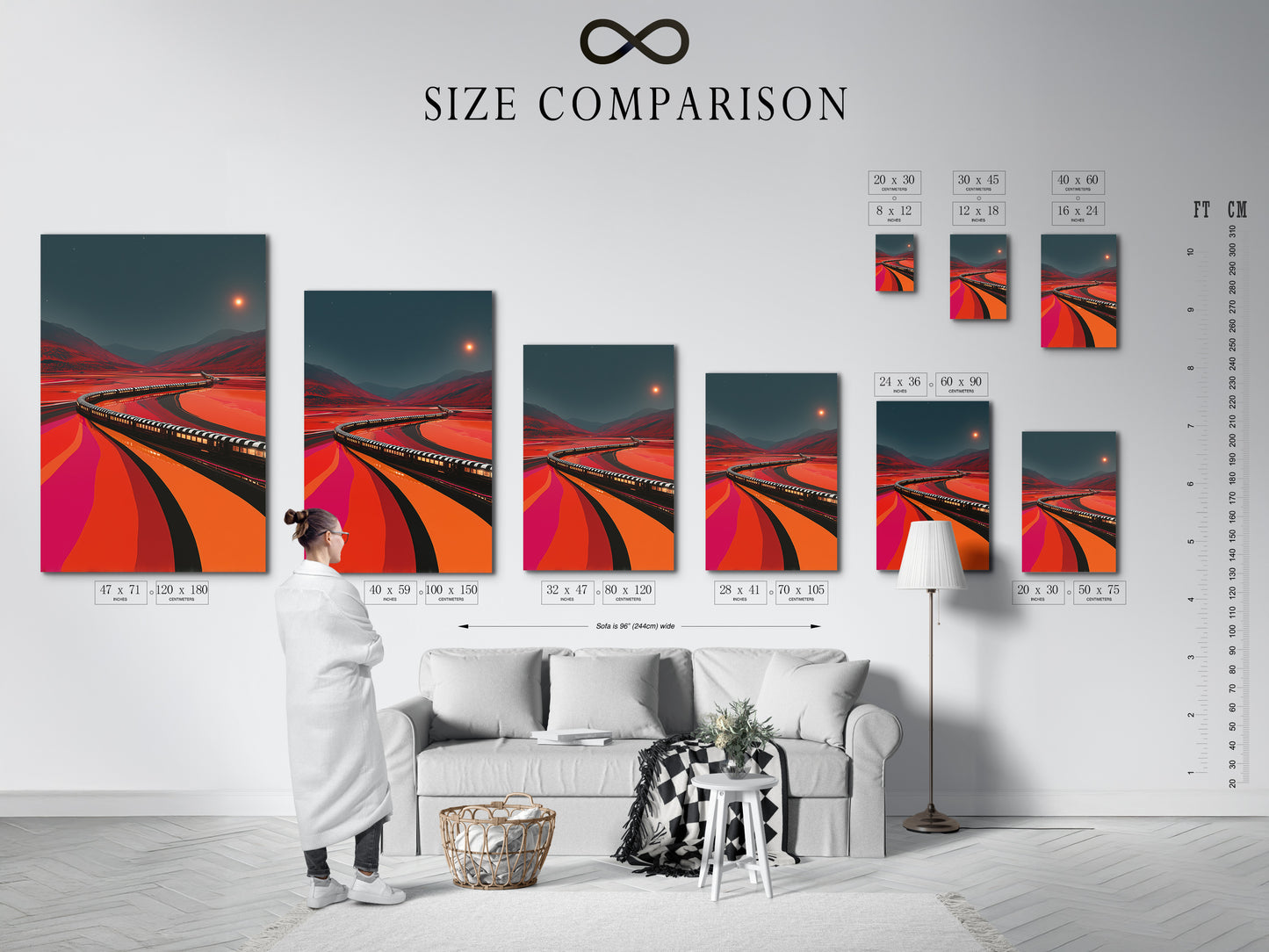 Size comparison chart of the Train Journey artwork in an interior setting. See how this retro railroad print fits your space. Visualize the impact of this earth tone decor. Train canvas art for any room.