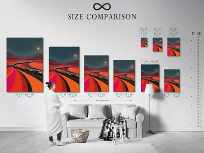 Size comparison chart of the Train Journey artwork in an interior setting. See how this retro railroad print fits your space. Visualize the impact of this earth tone decor. Train canvas art for any room.