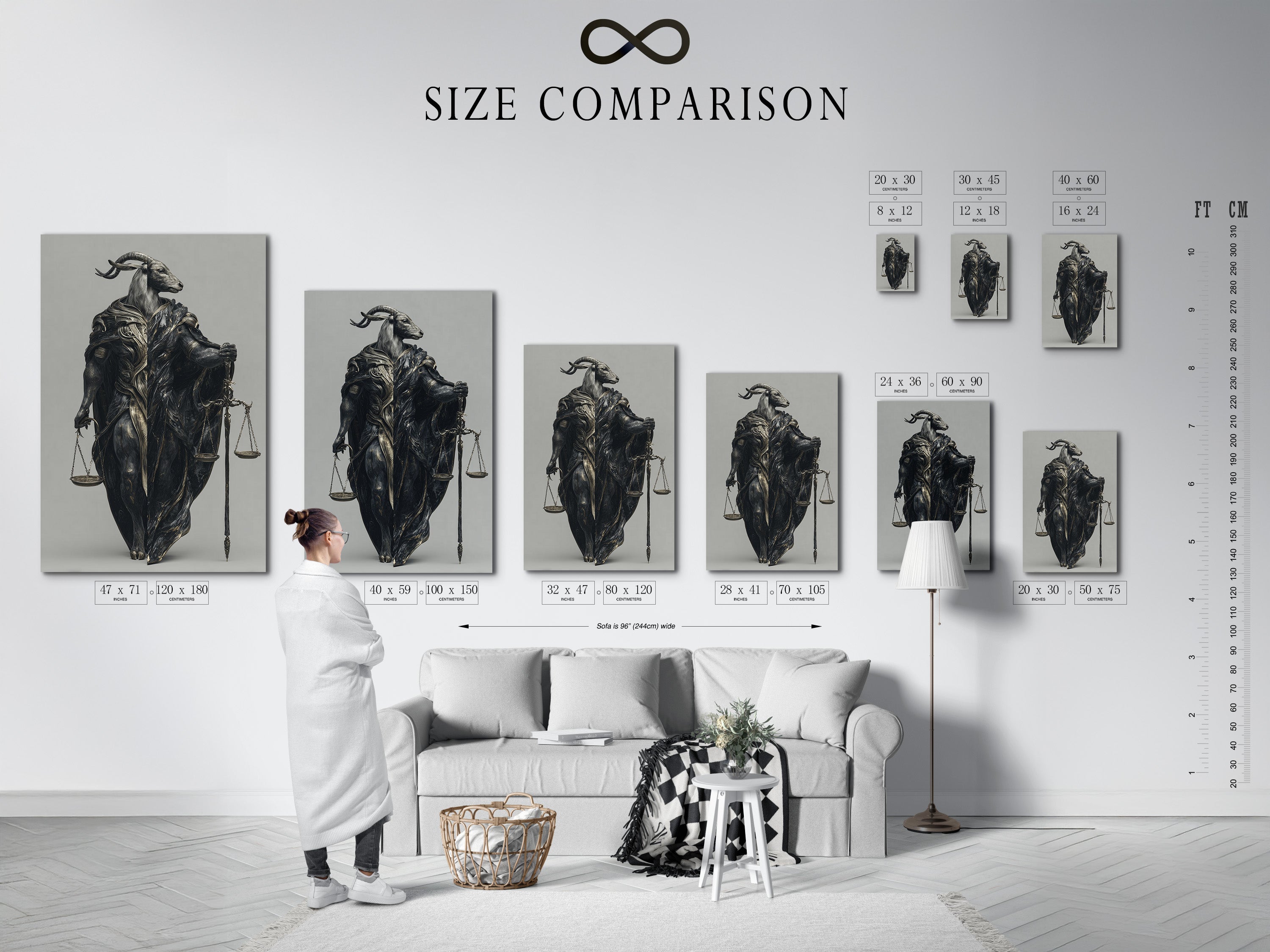 Size comparison chart in an interior setting. The Justice Scales Goat artwork is available in various sizes. Find the perfect fit for your office study or home. Choose the ideal dimensions for your legal art.