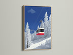 An oak frame enhances this ski lift art print. The winter mountain wall art features an alpine cable car. The artwork is set against a snowy landscape. This piece is perfect for cabin decor. It brings a lodge style to any room. The oak frame complements the blue and white primary colors.