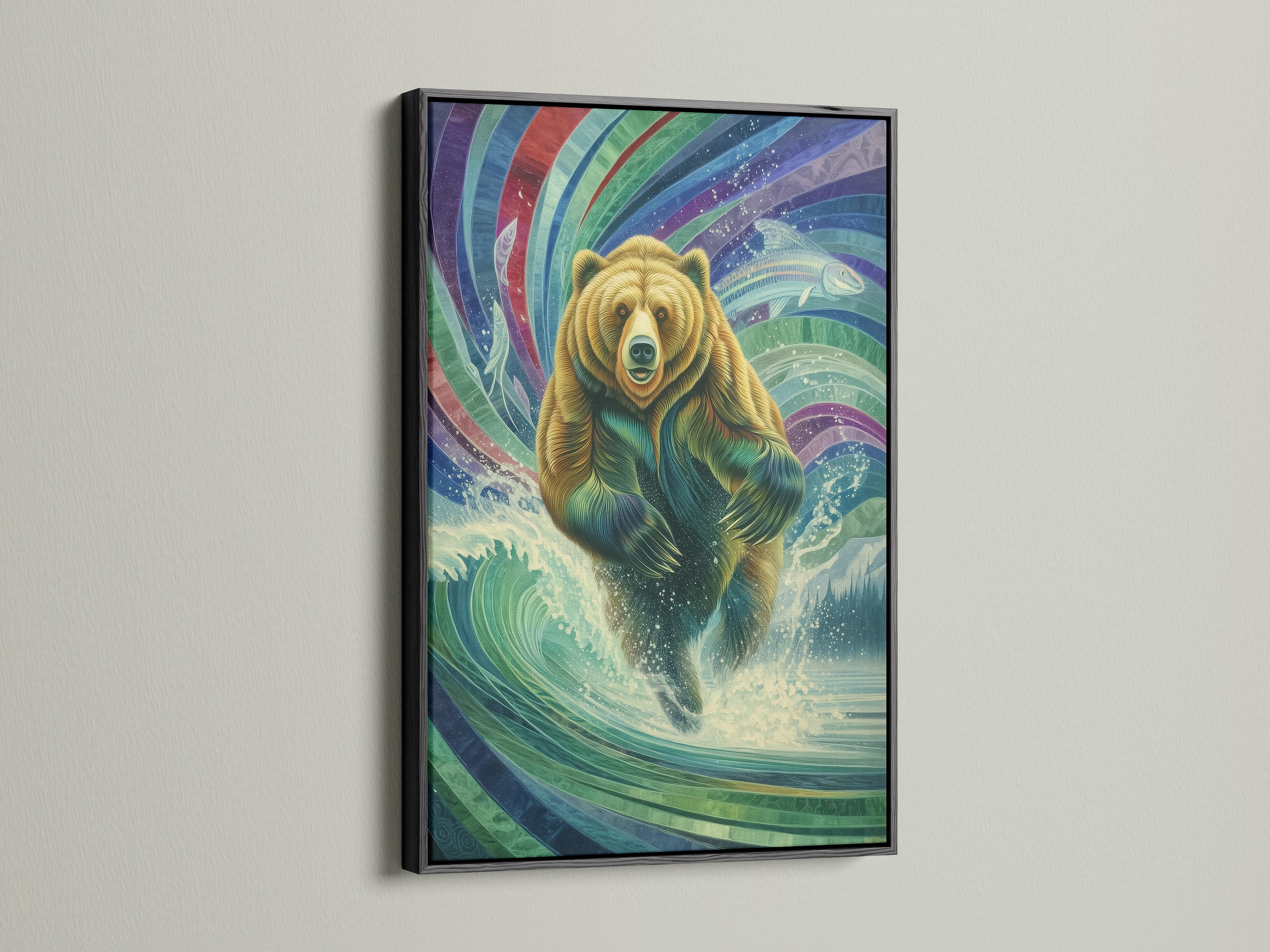Mystical Grizzly Bear artwork in a black frame. This wildlife art print features a bear emerging from water with colorful details. Enhance your decor with this unique animal wall decor. Perfect for creating a focal point in any room with nature canvas art.