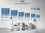 Size comparison chart in an interior setting displaying our tropical beach artwork. Visualize the perfect fit for your space. Our coastal wall art comes in various sizes to suit your needs. Explore our seascape print collection