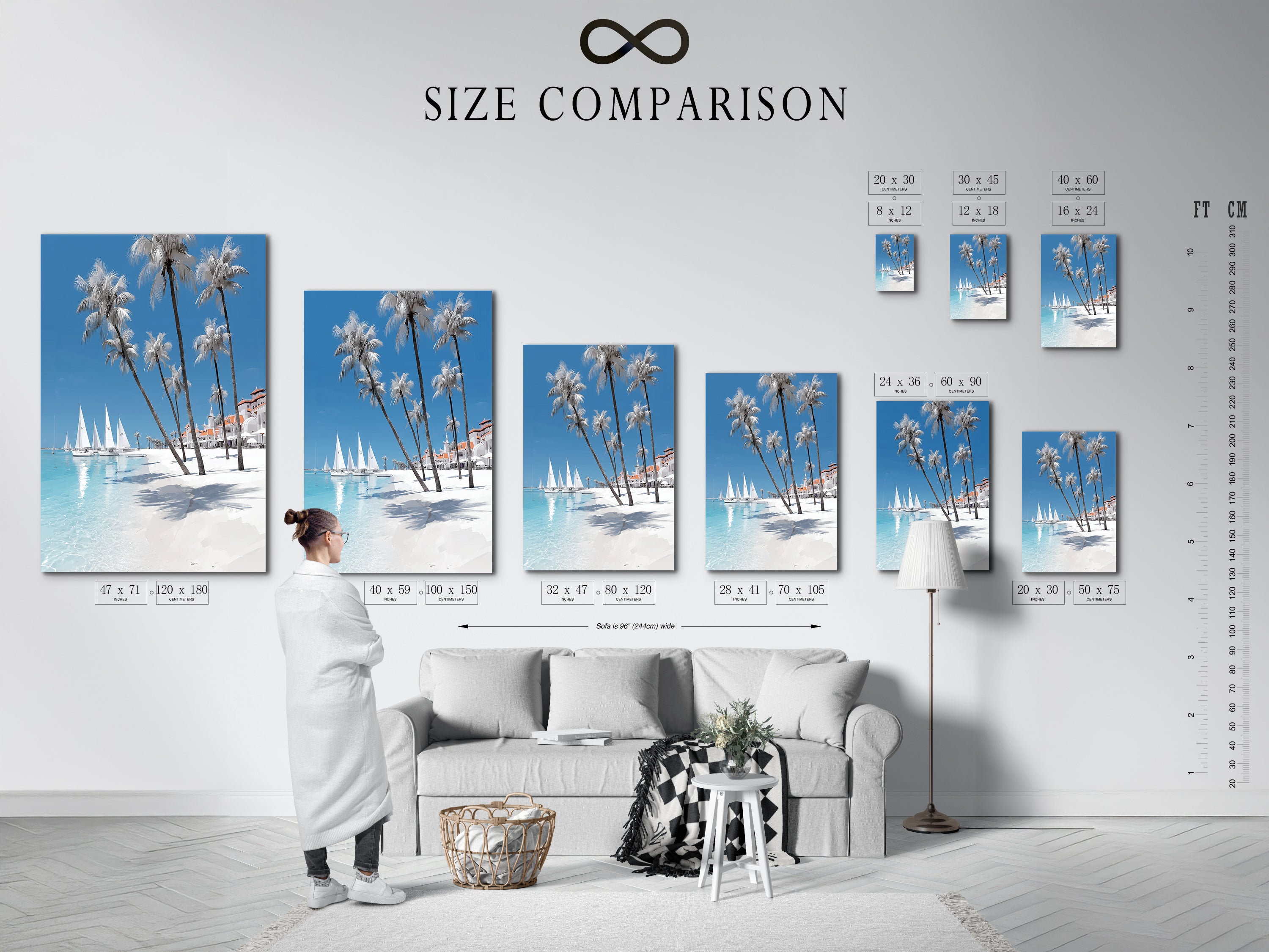 Size comparison chart in an interior setting displaying our tropical beach artwork. Visualize the perfect fit for your space. Our coastal wall art comes in various sizes to suit your needs. Explore our seascape print collection
