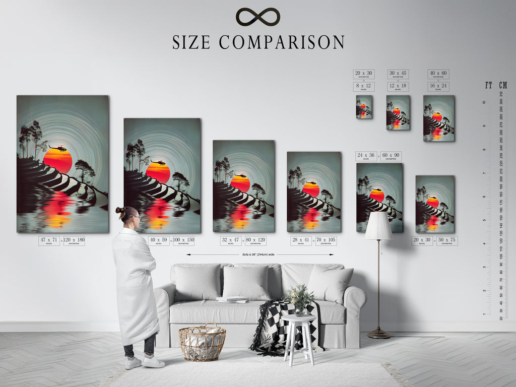 A size comparison chart helps you choose the perfect art piece. See how the terraced rice fields canvas fits in different spaces. This ensures the ideal fit for your living room bedroom or office. Plan your gallery wall today.