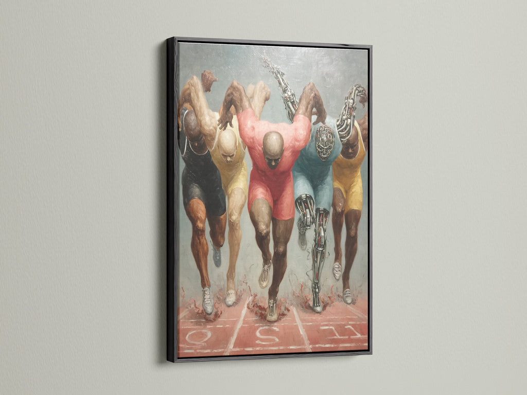 The running athletes artwork is showcased in a black frame. This athlete canvas is a bold statement piece. The black frame adds contrast and sophistication. Great for adding motivation to your home gym or office sports decor.