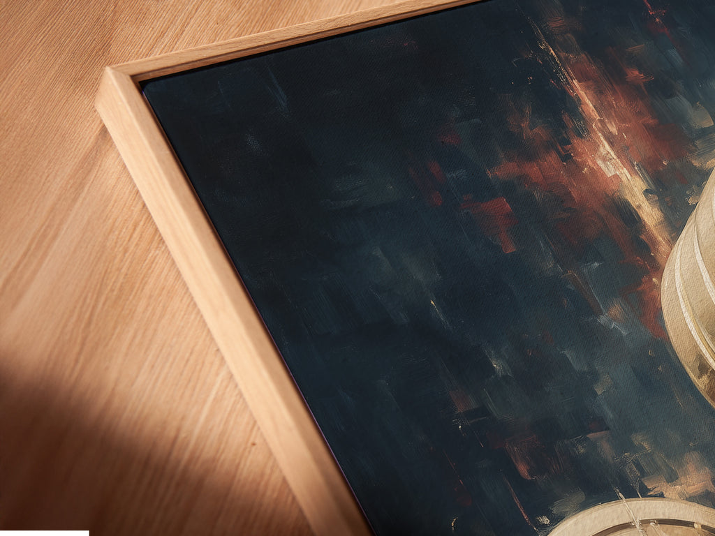 Close-up angled view of a canvas print in a floating frame. The barbell weights artwork appears sleek. This modern athletic decor is perfect for fitness spaces. Explore floating frame options.