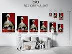 Size comparison chart in an interior setting. It showcases the Swan Tea Party artwork. See how different sizes of this whimsical animal art look in a room. Find the perfect size for your space today. Great for home decor.