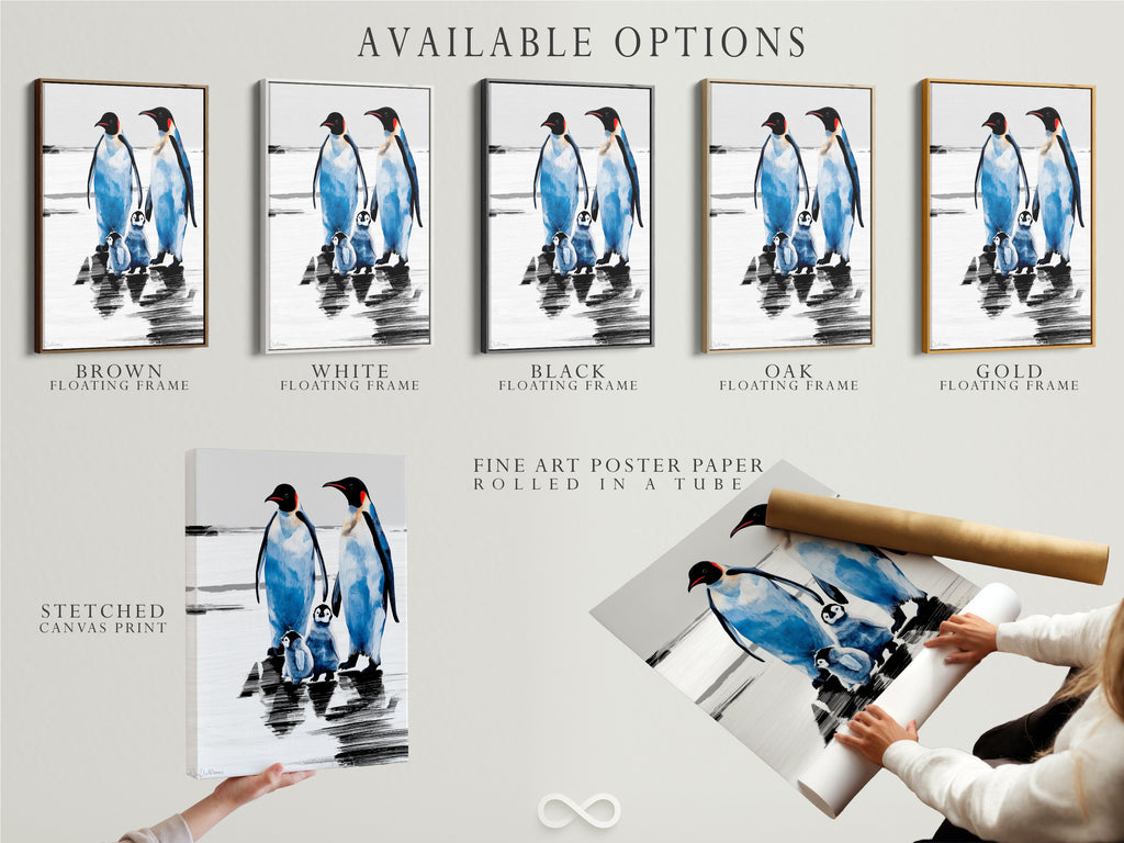 Available options for the penguin family artwork. Choose from a stretched canvas print a fine art poster paper or a floating frame. Customize your arctic canvas to perfectly match your home decor.