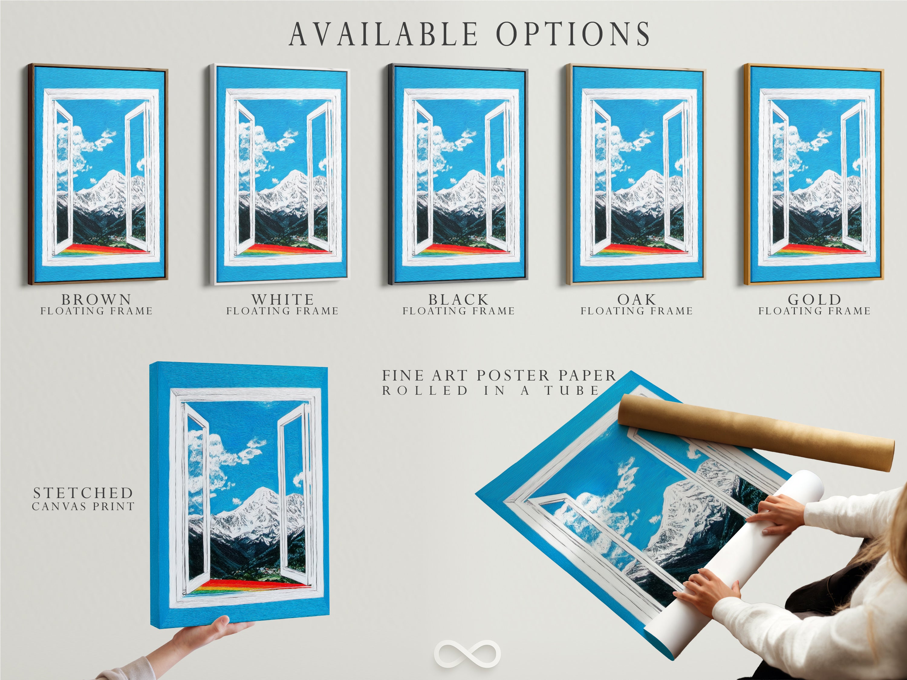 Available options include stretched canvas prints fine art poster paper and floating frames. Choose the perfect format for your mountain view artwork. The bright blue sky artwork enhances any space. Customize your home decor with these versatile options. Bring nature indoors with style.