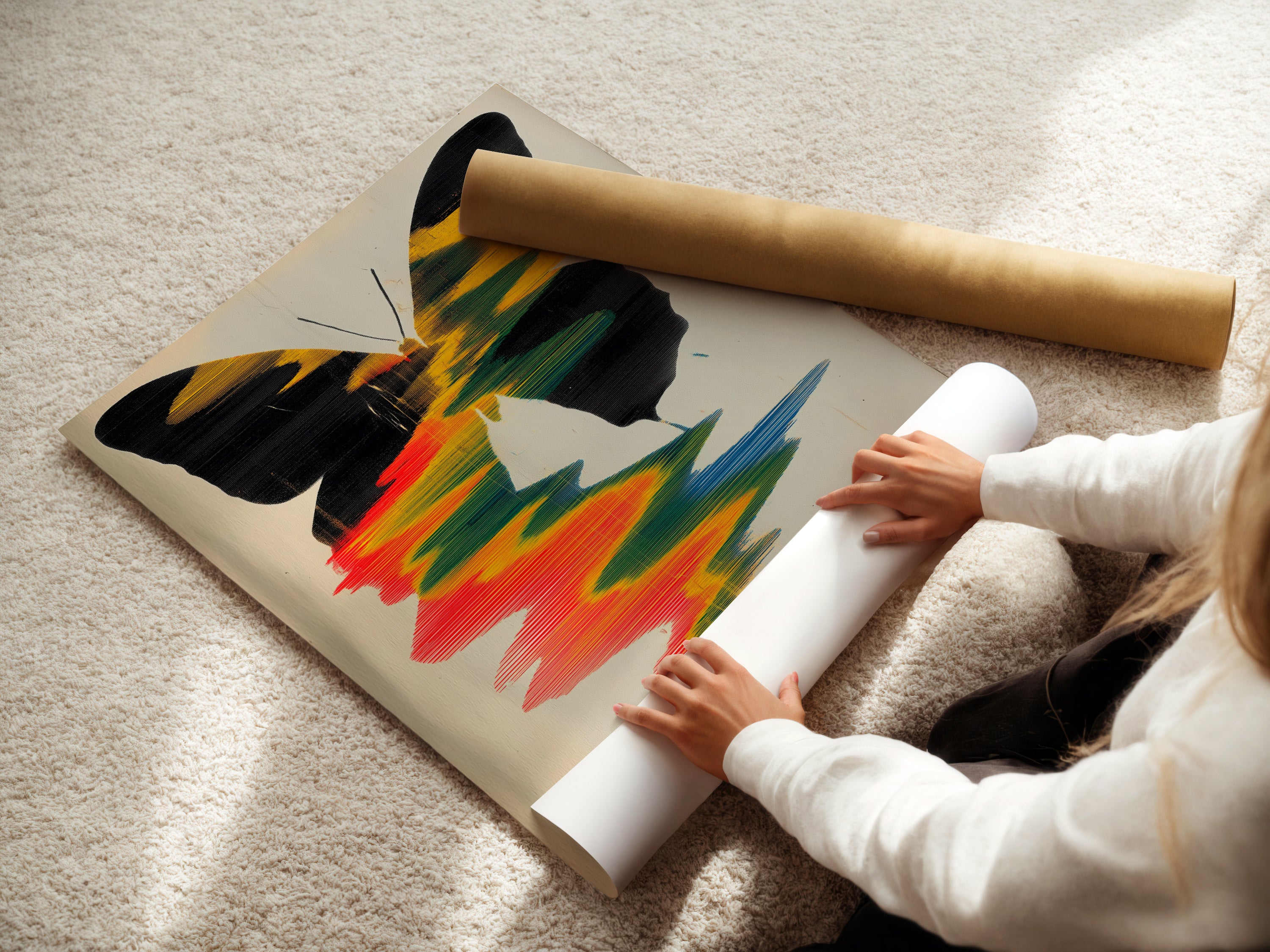 A woman carefully rolling a fine art poster paper print of the butterfly artwork. Ensuring the protection of the colorful modern art. High-quality materials preserve the intricate details. Order your fine art poster paper today