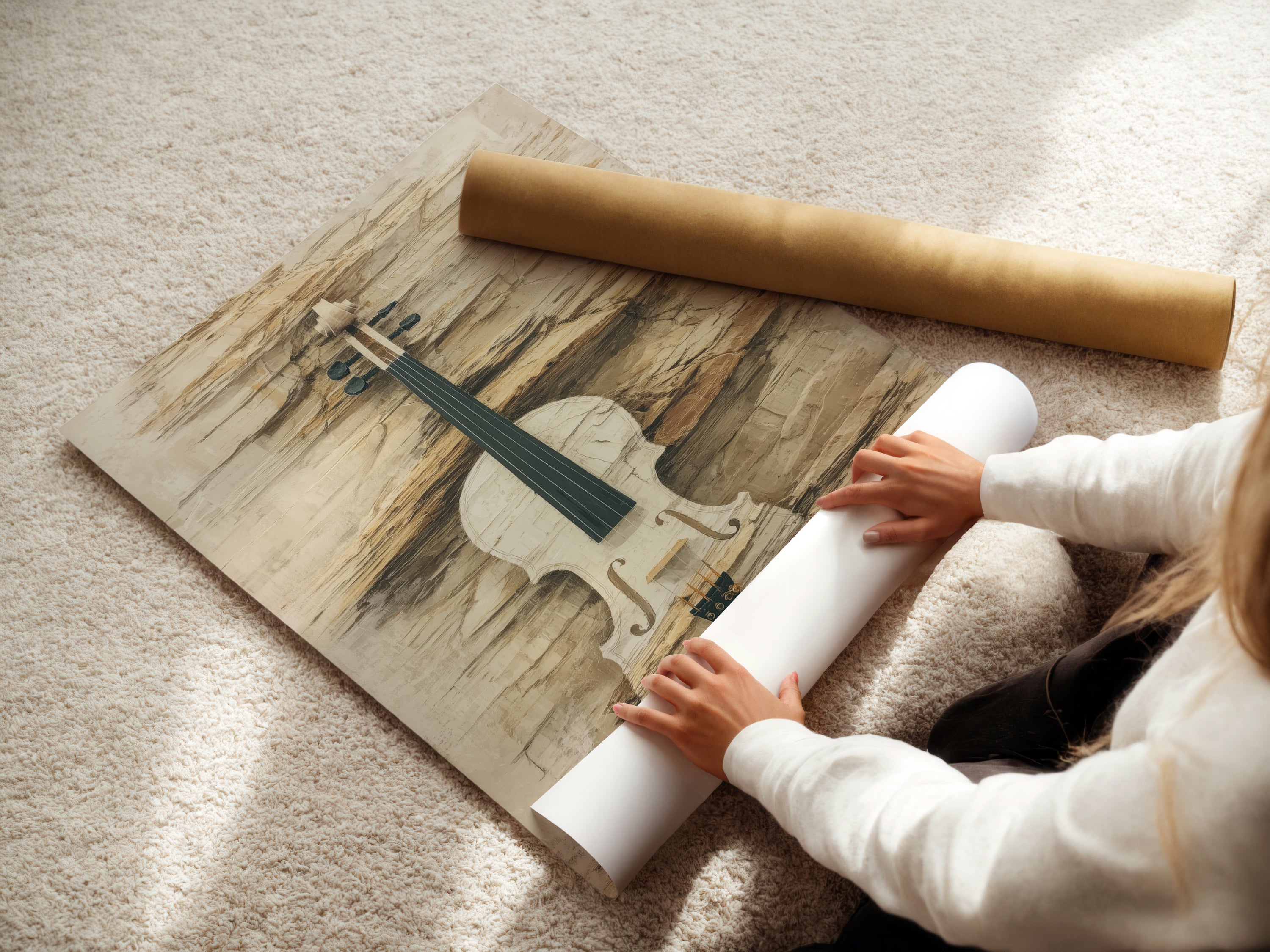 A woman is carefully rolling a fine art poster paper. The vintage violin artwork is ready for framing. This neutral tone print captures the beauty of the musical instrument. Ideal for music room decor.